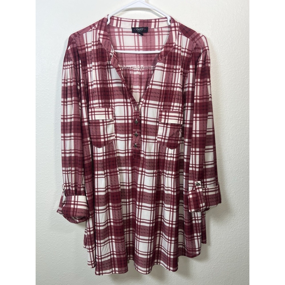 Cocomo Womens 3X Red Plaid  Top 3/4 Roll Tab Sleeve Liquid Neck Stretch Career
